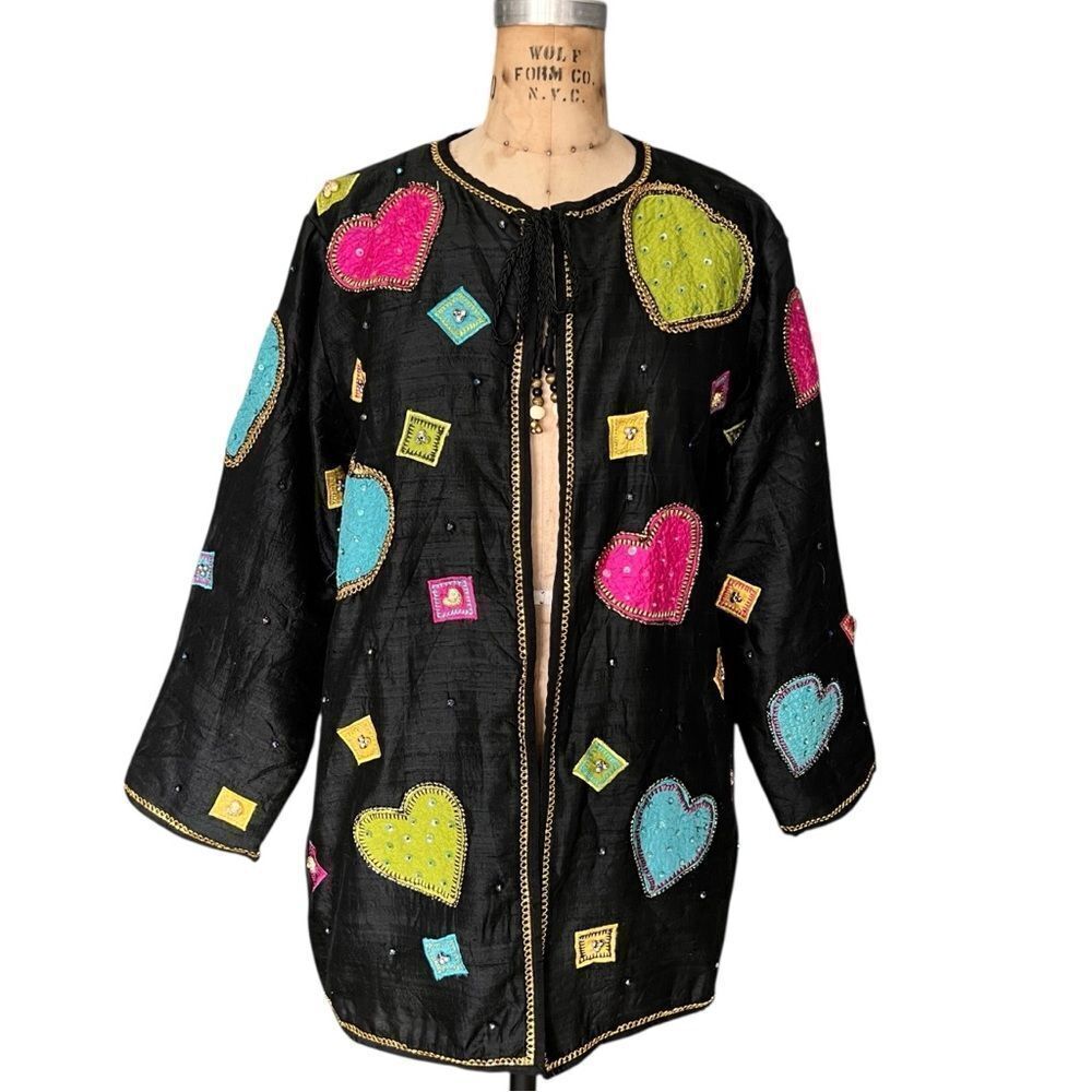 Colorful Silk Jacket with Heart Appliqué by JA Resort Oversized Size S